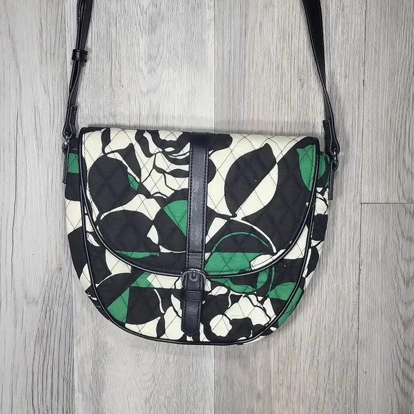 Vera Bradley Imperial Rose Green Black White Slim Saddle Bag Crossbody - Picture 2 of 16